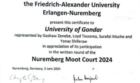 University of Gondar Receives Certificate from Nuremberg Moot Court 2024